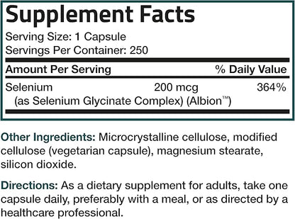 Bronson Selenium 200 mcg – Yeast Free Chelated Amino Acid Complex - Essential Trace Mineral with Superior Absorption, 250 Vegetarian Capsules