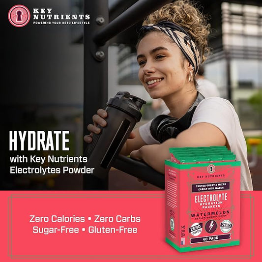KEY NUTRIENTS Electrolytes Powder Packets - Refreshing Watermelon 40 Pack Hydration Packets - Travel Hydration Powder - Made in USA - No Sugar, No Calories, Gluten Free