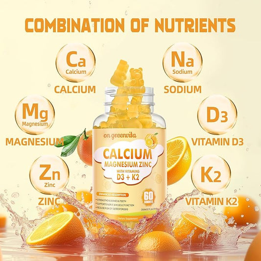 Calcium Magnesium Zinc Gummies with Vitamin D3 & K2 - High Potency Enhanced Absorption -120 Orange Gummies Flavored