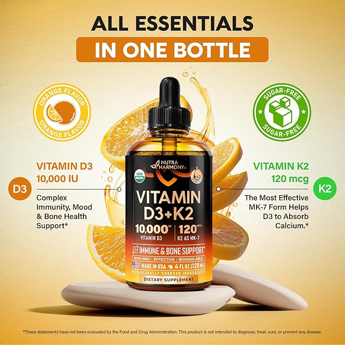 Vitamin D3 K2 USDA Organic Drops - Vitamin D3 10000 IU & K2 as MK-7 120mcg - Immune & Mood Support, Bone & Teeth Health - Sugar-Free Orange Flavor - Liquid Supplement - Made in USA - 4 FL OZ, 120 Days