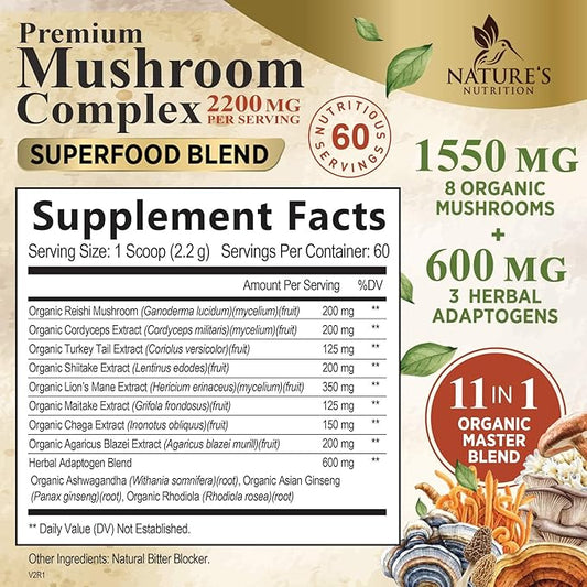 Organic Mushroom Supplement Powder 11 in 1 Complex 60 Servings