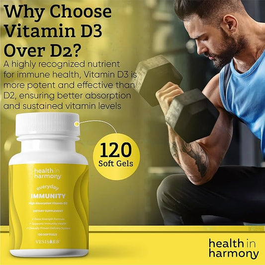 Everyday Immunity 4000 iu Vitamin D3 Supplement - Fast Acting Immune Support Supplement for Bone/Cellular Health - Non GMO, Dietary Supplements - Utilizes Vesisorb® (60 softgels)
