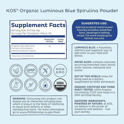 KOS USDA Organic Blue Spirulina Powder, Phycocyanin - Vegan Algae Superfood - Natural Food Coloring for Smoothies & Protein Drinks, Plant Based, Non GMO - 27 Servings
