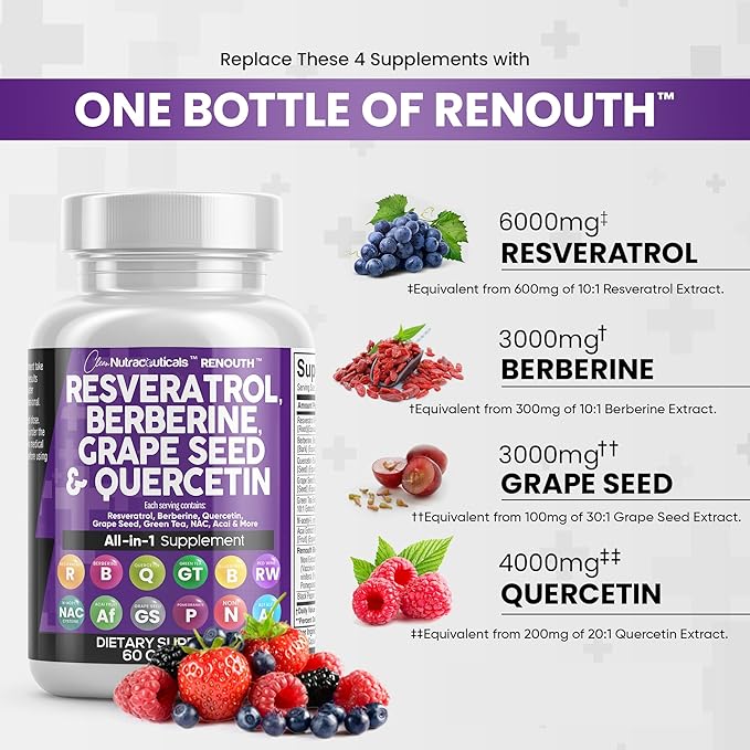 Resveratrol 6000mg Berberine 3000mg Grape Seed 3000mg Quercetin 4000mg Green 60 Capsules