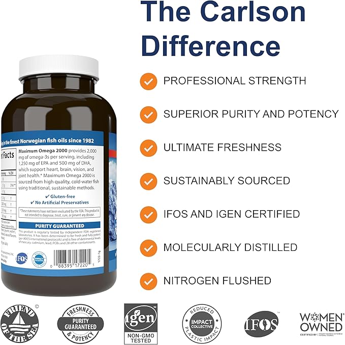 Carlson - Maximum Omega 2000, 2000 Omega-3 Fatty 180 Softgels