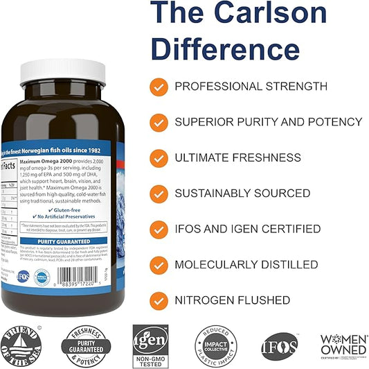 Carlson - Maximum Omega 2000, 2000 Omega-3 Fatty 180 Softgels