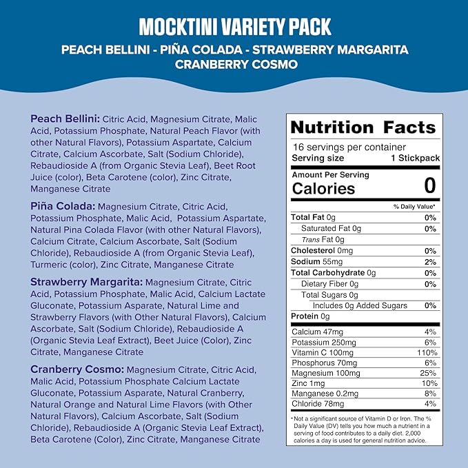 Ultima Replenisher Daily Electrolyte Powder Drink Mix – Mocktini Variety, 16 Stickpacks – Hydration Packets with 6 Key Electrolytes and Trace Minerals – Keto Friendly, Non-GMO and Sugar-Free
