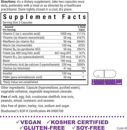 Bluebonnet Nutrition Stress Relief B Complex Vegetable Capsules, Vitamin B6, B12, Biotin, Folate, Vegan, Gluten & Soy & Milk Free, Kosher, Unflavored, 100 Count