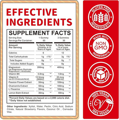 Magnesium Gummies for Kids - Magnesium Glycinate, L-Threonate Supplement with L-Theanine, Vitamin B6, D3 for Adults & Kids, Calm Magnesium for Sleep, Relaxation,Brain,Bones,Sugar Free Strawberry 120ct