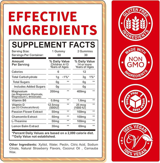 Magnesium Gummies for Kids - Magnesium Glycinate, L-Threonate Supplement with L-Theanine, Vitamin B6, D3 for Adults & Kids, Calm Magnesium for Sleep, Relaxation, Brain,Bones,Sugar Free Strawberry 60ct