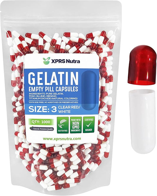 XPRS Nutra Size 3 Empty Capsules - 1000 Count Empty Gelatin Capsules - Empty Pill Capsules - DIY Capsule Filling - Pure Bovine Pill Capsules Empty Gel Caps (Clear Red/White)