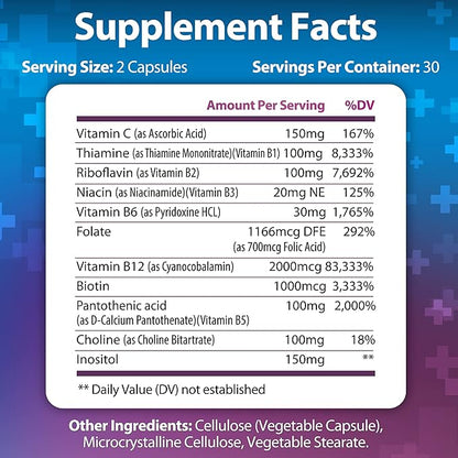 Vitamin B Complex B1, B2, B2, B3, B3, B5, B5, B6, B6, B7, B7, B9, B9, B12, B12, Folic B-100 Supplement 60 Capsules