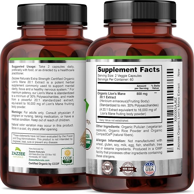 Zazzee USDA Organic Lion's Mane 20:1 16,000 mg 30% Polysaccharides, 120 Vegan 60 Day 20X Extract,