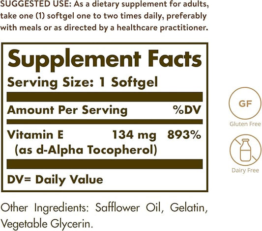 Solgar Vitamin E 200 IU Alpha, 100 Softgels 100 Servings