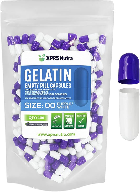 XPRS Nutra Size 00 Empty Capsules - 100 Count Empty Gelatin Capsules - Empty Pill Capsules - DIY Capsule Filling - Fillable Pill Capsules Empty Gel Caps (Purple/White)