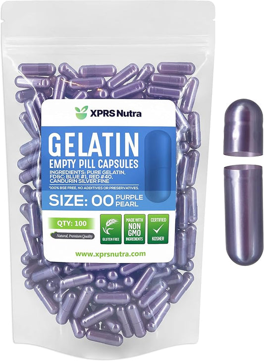 XPRS Nutra Size 00 Empty Capsules - 100 Count Empty Gelatin Capsules - Empty Pill Capsules - DIY Capsule Filling - Fillable Pill Capsules Empty Gel Caps (Purple Pearl)