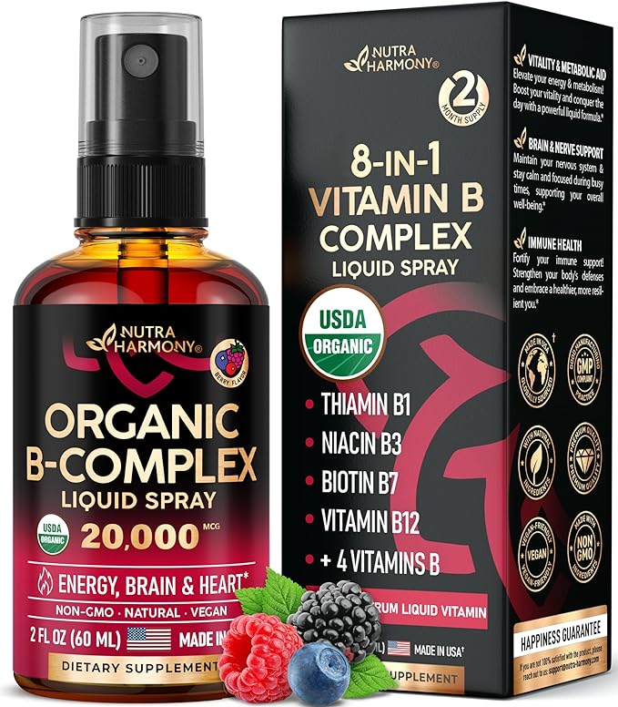 USDA Organic Vitamin B-Complex Liquid Spray 8-in-1 B5 Pantothenic B12 Methylcobalamin B1 Thiamine B6 Pyridoxine B7 Biotin B9 Folic B3 Niacinamide 2fl oz