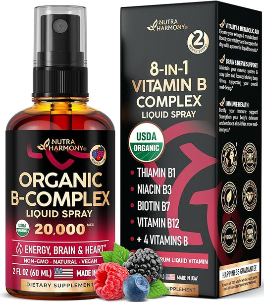 USDA Organic Vitamin B-Complex Liquid Spray 8-in-1 B5 Pantothenic B12 Methylcobalamin B1 Thiamine B6 Pyridoxine B7 Biotin B9 Folic B3 Niacinamide 2fl oz