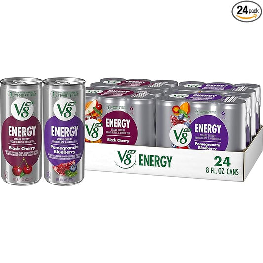 V8 +Energy Black Cherry and Pomegranate Blueberry Juice Energy Drinks, 8 fl oz Can (24 Pack)