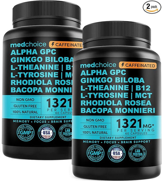 12-in-1 Nootropic Brain Supplement w/ Caffeine Anhydrous: Ginkgo Biloba for Brain Support, Memory & Focus - B12, Alpha GPC, L Theanine & Choline Supplements with Bioperine with 1321mg, 60ct (2 Pack)