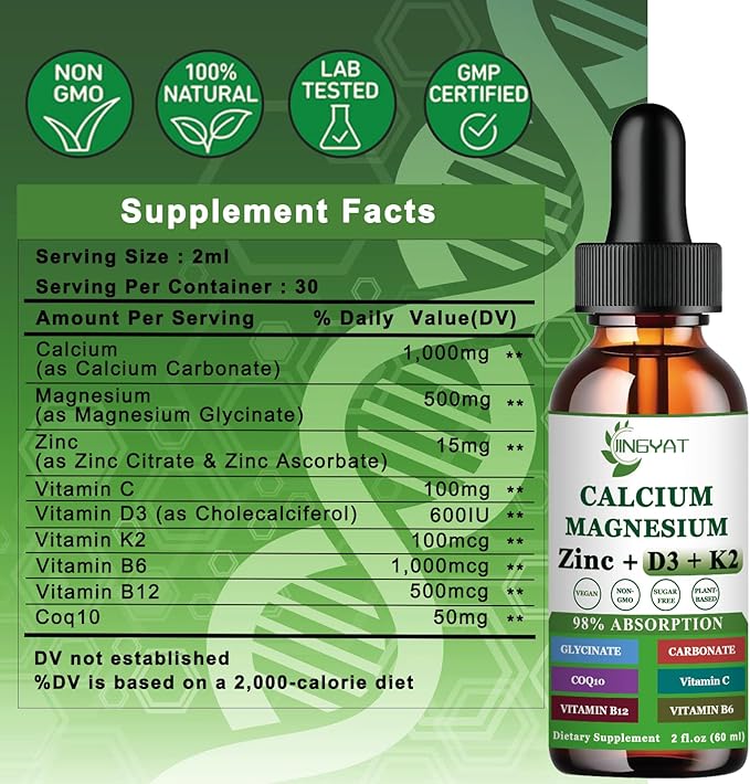 Calcium Magnesium Zinc Liquid Drops, Liquid 500mg Calcium 1000mg with D3,K2,B6,B12,Coq10 for Function,6X Stronger