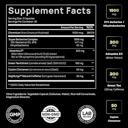 141,500mg Berberine GLP-1 Weight Loss Supplement + Dihydroberberine, Ceylon Cinnamon, Chromium Picolinate 1000mcg, Bitter Melon - 100x Strength Berberine 1500mg Appetite Suppressant Pills for Women