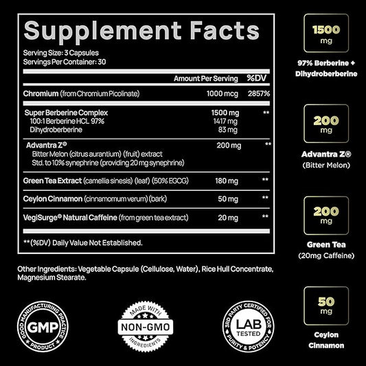 141,500mg Berberine GLP-1 Weight Loss Supplement + Dihydroberberine, Ceylon Cinnamon, Chromium Picolinate 1000mcg, Bitter Melon - 100x Strength Berberine 1500mg Appetite Suppressant Pills for Women