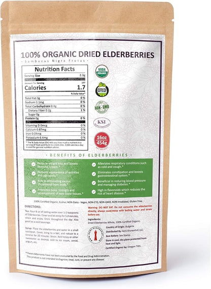 100% Certified Organic Dried Elderberries 1 lb