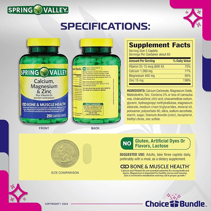 Spring Valley Calcium, Magnesium & Zinc D3 Coated 250 ct 4pk Choice (1000 Total) (6 Items)!