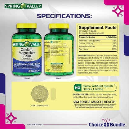 Spring Valley Calcium, Magnesium & Zinc D3 Coated 250 ct 2pk Choice (500 Total) (4 Items)!