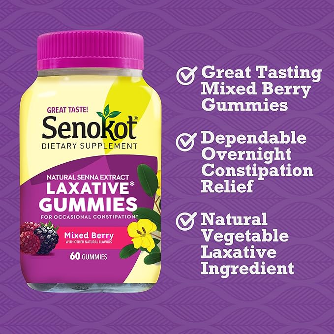 Senokot Dietary Supplement Laxative Gummies, Natural Senna Extract, Gentle, Overnight Relief from Occasional Constipation, Mixed Berry Flavor, 60 Count.
