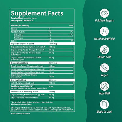 Nello Supergreens - Premium Superfood Greens Drink Mix with Chlorella, Moringa, Spinach, & Broccoli + Digestive Enzymes - Nutrient-Packed Greens Powder Superfood for Wellness(30 SRV)