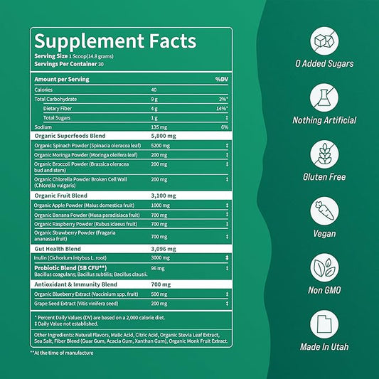 Nello Supergreens - Premium Superfood Greens Drink Mix with Chlorella, Moringa, Spinach, & Broccoli + Digestive Enzymes - Nutrient-Packed Greens Powder Superfood for Wellness(30 SRV)