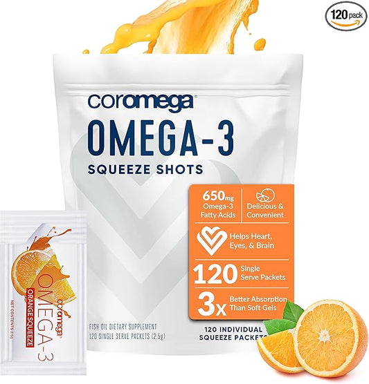 Coromega Omega 3 Fish Oil Supplement, 650mg of Omega-3s with 3X Better 120 Single