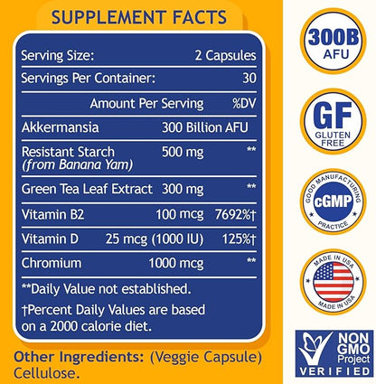 GLP-1 Supplement | 300 Billion AFU Akkermansia Muciniphila, Akkermansia Probiotic for Women Men, Akka Superbiotics for GLP-1 Production, Digestive, Gut, Immunity, Enhances Gut Lining Function, 60 Caps