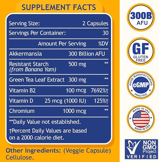 GLP-1 Supplement | 300 Billion AFU Akkermansia Muciniphila, Akkermansia Probiotic for Women Men, Akka Superbiotics for GLP-1 Production, Digestive, Gut, Immunity, Enhances Gut Lining Function, 60 Caps