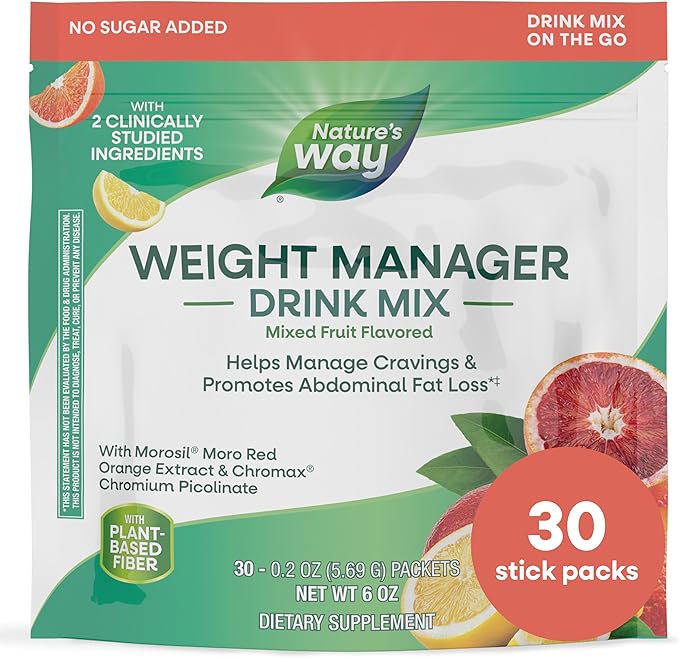Nature’s Way Weight Manager Drink Mix, Helps Manage Cravings & Promotes Abdominal Fat Loss‡, with Clinically Studied Ingredients, Plant-Based Fiber, No Sugar Added, Mixed Fruit Flavored, 30 Packets