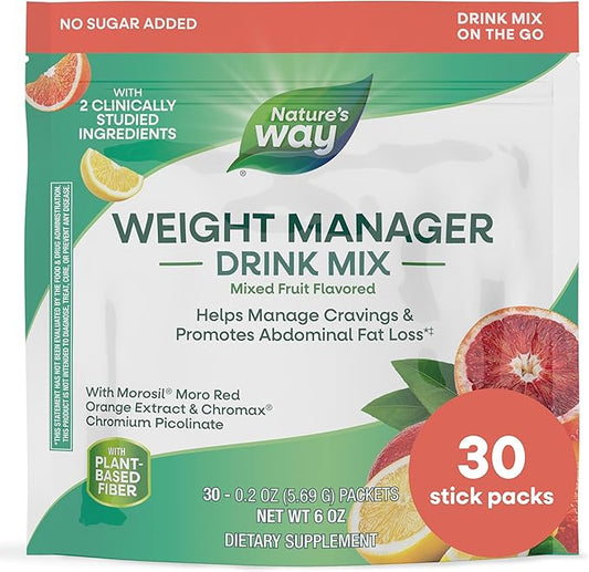 Nature’s Way Weight Manager Drink Mix, Helps Manage Cravings & Promotes Abdominal Fat Loss‡, with Clinically Studied Ingredients, Plant-Based Fiber, No Sugar Added, Mixed Fruit Flavored, 30 Packets