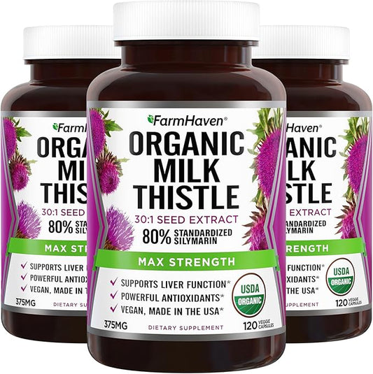 FarmHaven USDA Organic Milk Thistle Capsules 30X Concentrated 80% Silymarin 360 Vegan