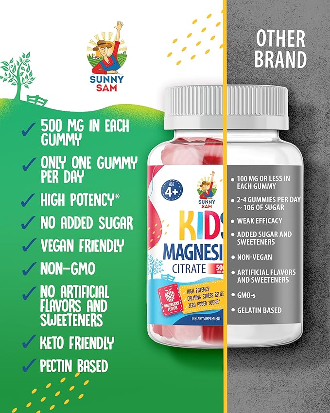 Sugar-Free Magnesium Gummies for Kids & Teens - 500mg Calm Magnesium Citrate Gummies - Chewable Magnesium Gummy Supplement for Sleep, Mood & Muscle Suppor