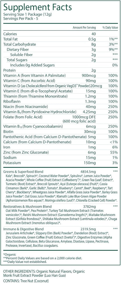Suja Organic Greens Powder Probiotic Blend, Spirulina, Daily Superfood Drink or Smoothie Mix for Immune Support, Digestion, & Energy, Vegan, Gluten Free, Non GMO, 10 Servings