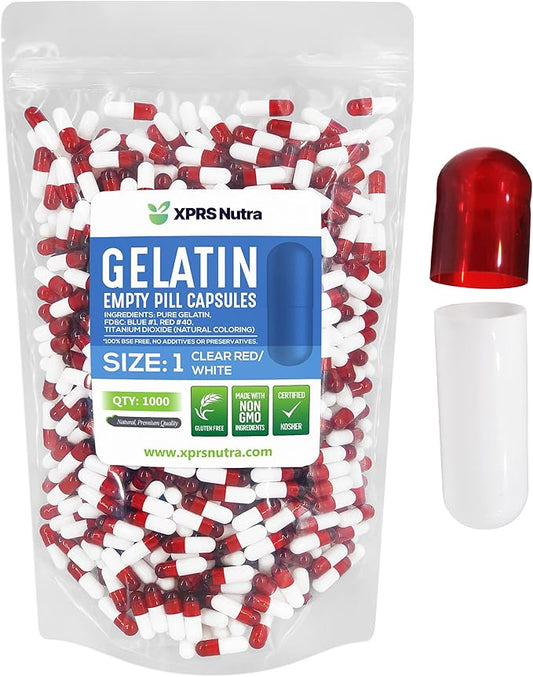 XPRS Nutra Size 1 Empty Capsules - 1000 Count Empty Gelatin Capsules - Empty Pill Capsules - DIY Capsule Filling - Pure Bovine Pill Capsules Empty Gel Caps (Clear Red/White)