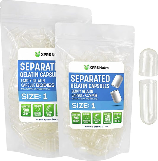 XPRS Nutra Size 1 Gelatin Separated Capsules - 500 Count Empty Pill Capsules Separated in Bags - Clear Empty Capsules - Separated Empty Capsules - Pill Capsules Empty for DIY Supplement Filling