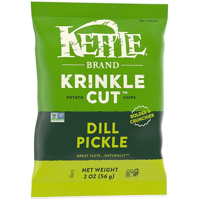 Kettle Brand Potato Chips, Krinkle Cut, Dill Pickle Kettle Chips, Snack Bag 2 Oz