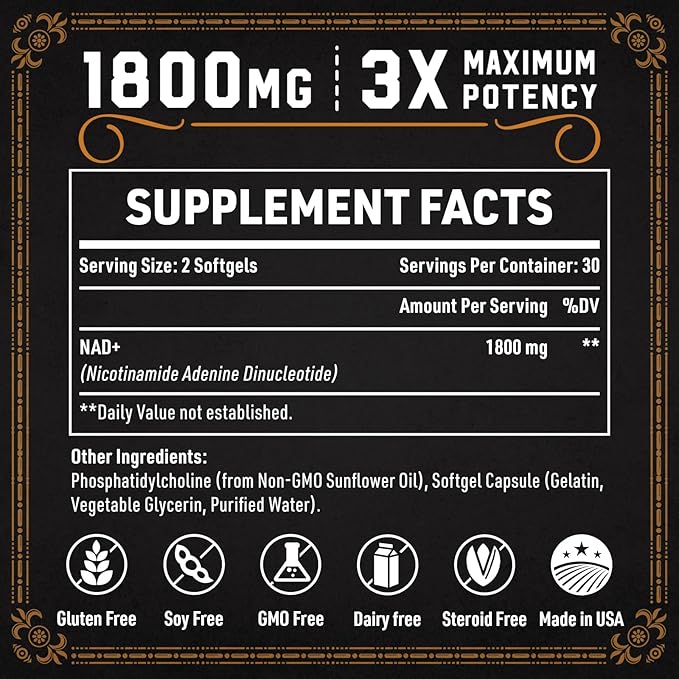 1800 MG Liposomal NAD Supplement, NAD+ Supplement Similar to Nicotinamide Riboside, 98% Pure NAD Plus Supplement for Energy Booster & Cellular Repair for Men & Women, Non-GMO, 120 Softgels