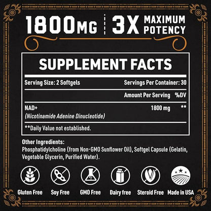 1800 MG Liposomal NAD Supplement, NAD+ Supplement Similar to Nicotinamide Riboside, 98% Pure NAD Plus Supplement for Energy Booster & Cellular Repair for Men & Women, Non-GMO, 120 Softgels