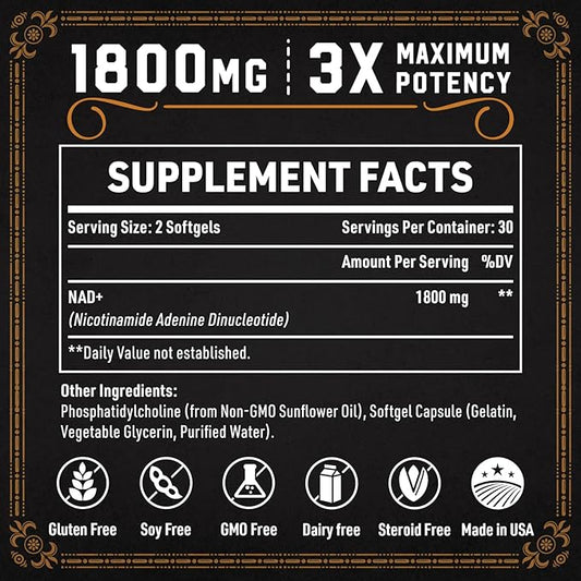 1800 MG Liposomal NAD Supplement, NAD+ Supplement Similar to Nicotinamide Riboside, 98% Pure NAD Plus Supplement for Energy Booster & Cellular Repair for Men & Women, Non-GMO, 120 Softgels
