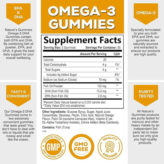 Omega 3 Fish Oil Gummies, Extra 3s DHA 60 Gummies