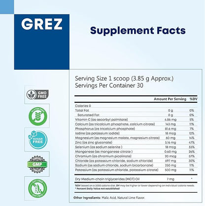 GREZ ELEC-Vital Electrolytes Powder No Sugar - Hydration Powder, Keto Electrolytes No Sugar - Complete Mineral Support, Sodium, Potassium, Magnesium, Zinc - - 30 Servings