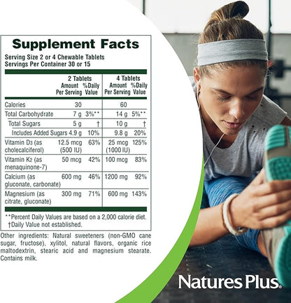 NaturesPlus Chewable Cal/Mag/VIT D3 with Vitamin K2 60 Chewable D3 and K2 - 30 Servings
